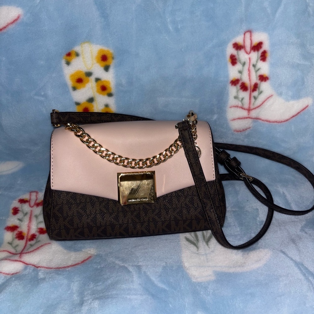 Michael Kors Pink and Brown Crossbody Bag with Chain Detail